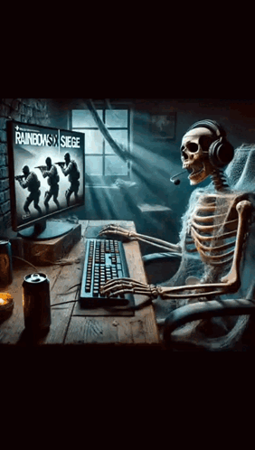 A Skeleton Is Playing Rainbow Six Siege On His Computer GIF