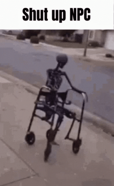 A Skeleton Is Riding A Walker Down A Sidewalk With The Caption `` Shut Up Npc '' . GIF