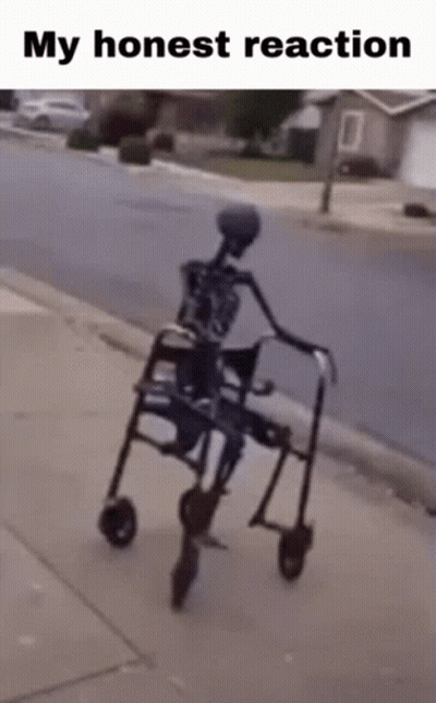 A Skeleton Is Riding A Walker On The Sidewalk GIF