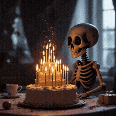 A Skeleton Is Sitting In Front Of A Birthday Cake With Candles GIF