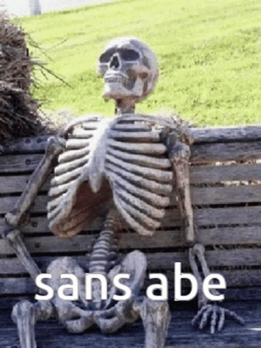 A Skeleton Is Sitting On A Wooden Bench With The Words Sans Abe On The Bottom . GIF