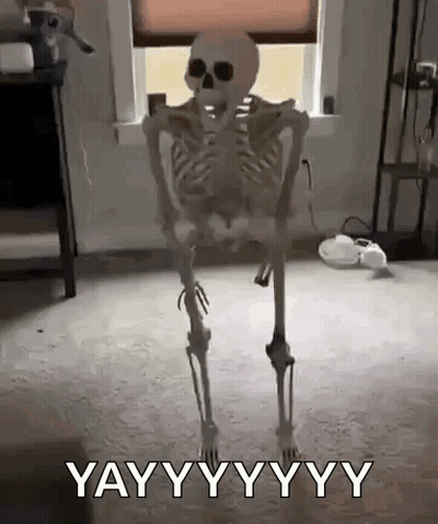 A Skeleton Is Standing In A Living Room In Front Of A Window And Saying Yay . GIF