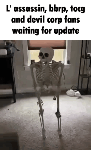 A Skeleton Is Standing In Front Of A Window While Waiting For An Update . GIF