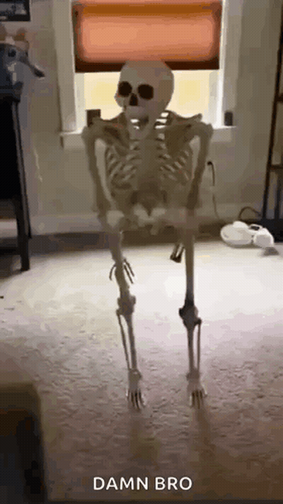 A Skeleton Is Standing In Front Of A Window With The Words Damn Bro Above It GIF