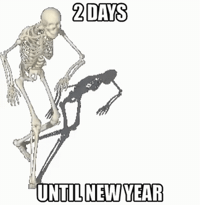 A Skeleton Is Standing Next To A Shadow Of Another Skeleton And The Words `` 2 Days Until New Year '' . GIF