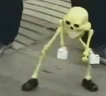 A Skeleton Is Standing On A Sidewalk Holding A Bottle And A Piece Of Paper . GIF