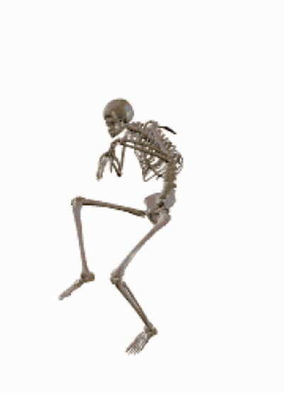 A Skeleton Is Standing On A White Background And Looking At The Camera . GIF