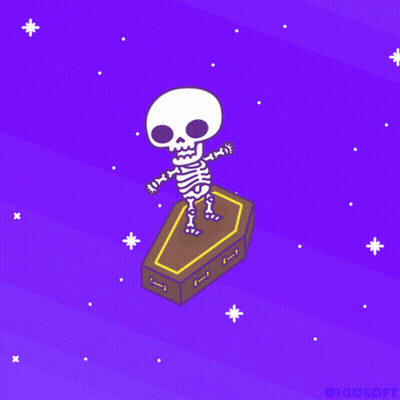 A Skeleton Is Standing On Top Of A Brown Coffin GIF