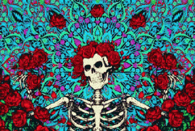 A Skeleton Is Surrounded By Roses In A Psychedelic Painting . GIF