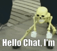 A Skeleton Is Walking Down A Street With A Cane And Says `` Hello Chat , I 'M '' GIF