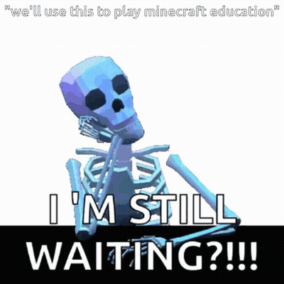 A Skeleton Says " I 'M Still Waiting " While Sitting Down GIF