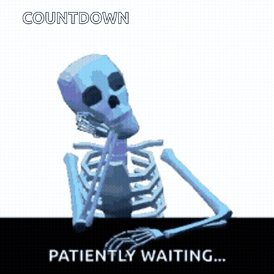 A Skeleton Sits At A Table With The Words " Patiently Waiting " Written Below It GIF