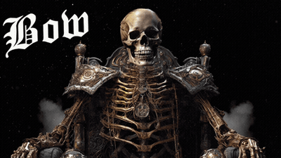 A Skeleton Sits On A Throne With The Words " Bow To The King " Written Above Him GIF