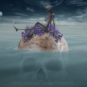 A Skeleton Sits On Top Of A Rock In The Water GIF