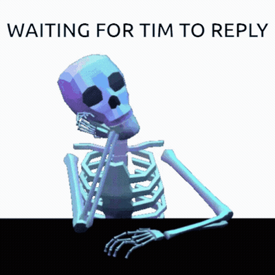 A Skeleton Waiting For Tim To Reply With A Fork In His Mouth GIF