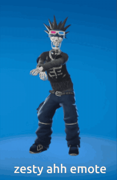 A Skeleton Wearing 3D Glasses And A Mohawk Is Dancing With The Words Zesty Ahh Emote Above Him GIF