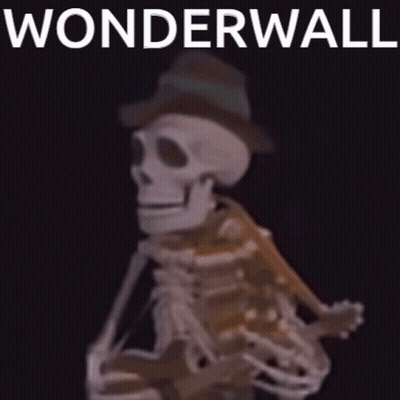 A Skeleton Wearing A Hat Is Holding A Guitar In Front Of A Black Background That Says Wonderwall . GIF