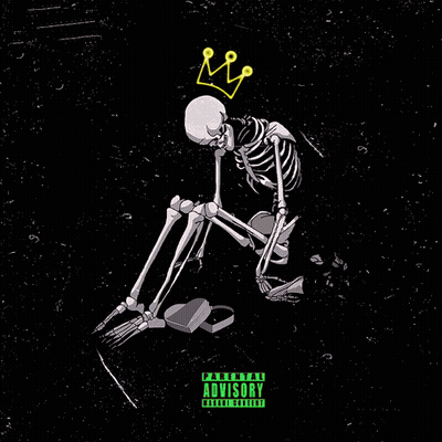 A Skeleton With A Crown On His Head Sits Next To A Heart Shaped Box On A Parental Advisory Cover GIF