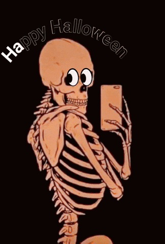 A Skeleton With Googly Eyes Is Taking A Selfie With The Words Happy Halloween Written On The Bottom GIF