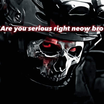 A Skull Wearing A Helmet With The Words " Are You Serious Right Neow Bro " Below It GIF