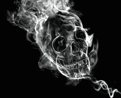 A Skull With Smoke Coming Out Of It On A Black Background GIF