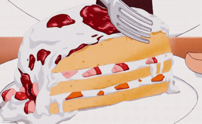A Slice Of Cake With Strawberries And Whipped Cream On A White Plate GIF