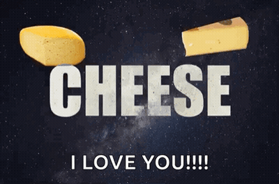 A Slice Of Cheese Is Flying Through The Air With The Words `` Cheese I Love You '' In The Background . GIF