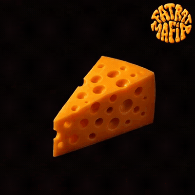 A Slice Of Cheese On A Black Background With Extra Mafia Written In Yellow GIF