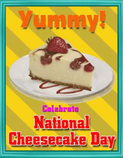 a slice of cheesecake on a plate with the words " yummy celebrate national cheesecake day "