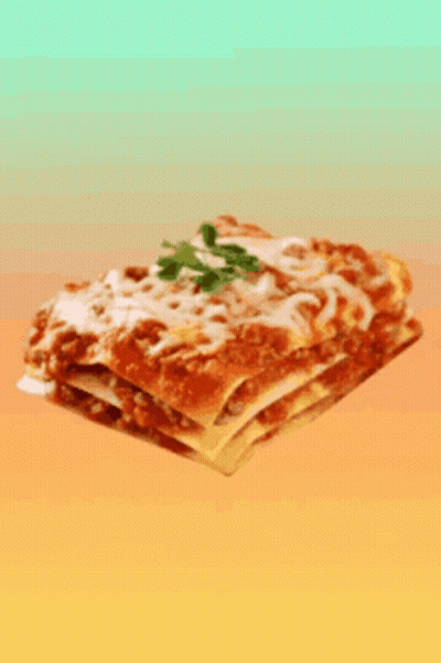A Slice Of Lasagna With Sauce And Cheese On A Yellow And Blue Background . GIF