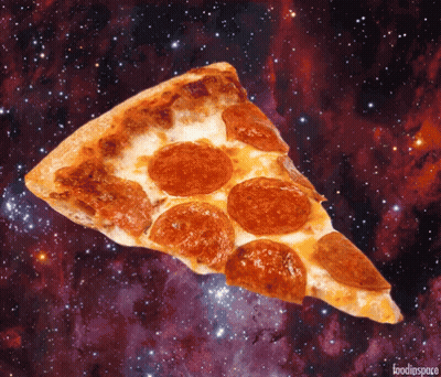 A Slice Of Pepperoni Pizza Is Floating In The Air GIF