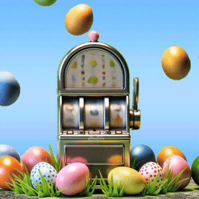 A Slot Machine With Easter Eggs Coming Out Of It And A Blue Sky In The Background GIF