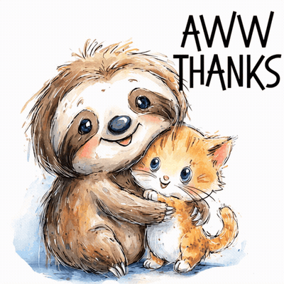 A Sloth Is Hugging A Kitten With The Words Aww Thanks Written Below Them GIF