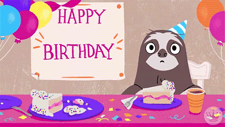 A Sloth Is Sitting At A Table With A Piece Of Cake And Balloons . GIF