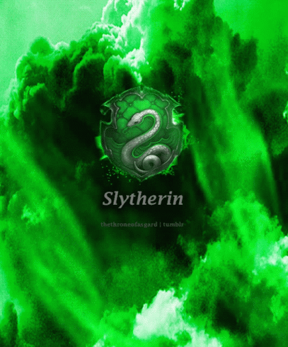 A Slytherin Logo Is On A Green Background With Clouds GIF