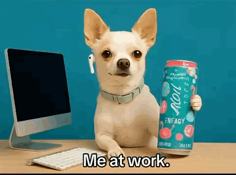A Small Dog Is Holding A Can Of Energy Drink GIF