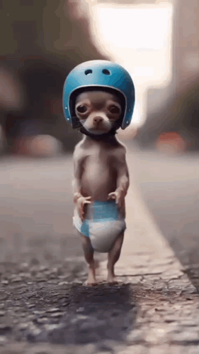 A Small Dog Wearing A Diaper And A Helmet Is Walking Down The Street GIF