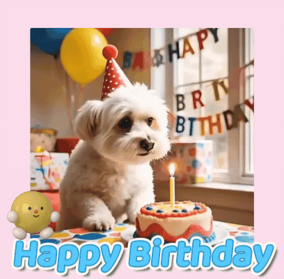 Dog Wearing Party Hat Next To Birthday Cake GIF