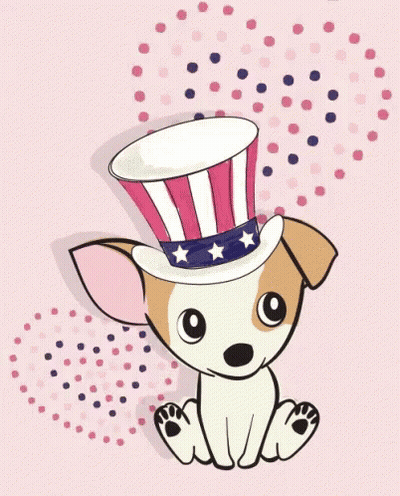 A Small Dog Wearing A Top Hat With Stars And Stripes GIF