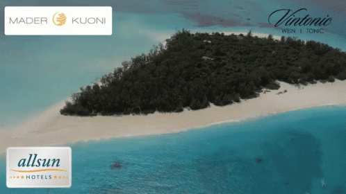 A Small Island In The Middle Of A Body Of Water With The Words Mader Kuoni And Allsun Hotels GIF
