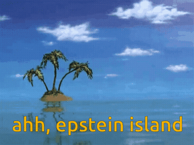 A Small Island With Palm Trees In The Middle Of The Ocean With The Words Ahh Epstein Island Below It GIF