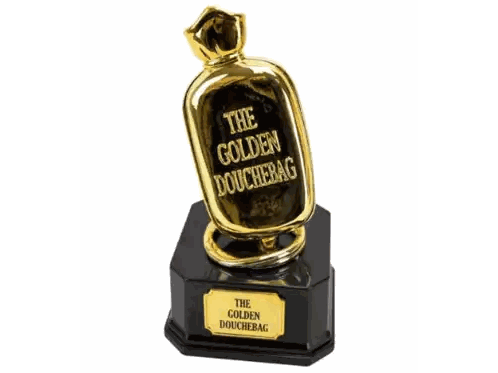 A Small Trophy That Says The Golden Douchebag Sticker
