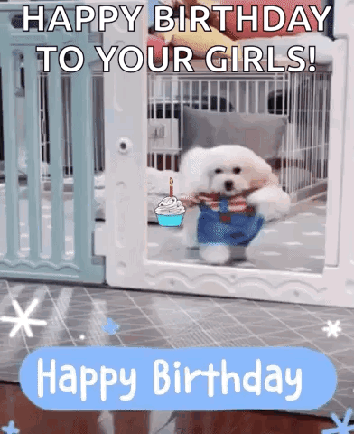 A Small White Dog Is Standing In A Cage Holding A Cupcake With A Candle . GIF