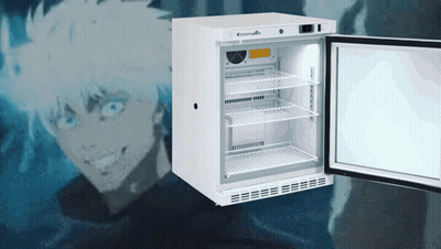 A Small White Fridge With The Door Open And A Man Behind It GIF