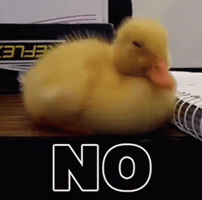 A Small Yellow Duck Is Laying On A Table Next To A Notebook And The Word No . GIF