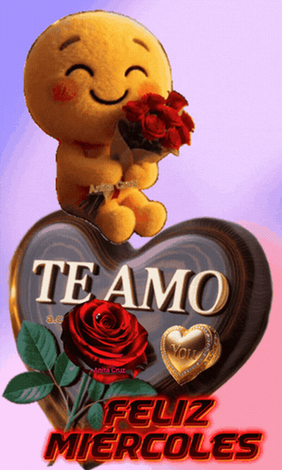 A Smiley Face Holding A Bouquet Of Red Roses Sits On Top Of A Heart That Says Te Amo GIF