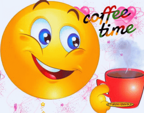 A Smiley Face Holding A Cup Of Coffee With The Words Coffee Time Written On The Bottom GIF