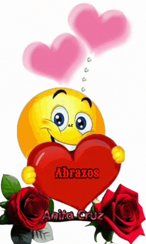 A Smiley Face Holding A Heart With The Words Abrazos Written On It GIF