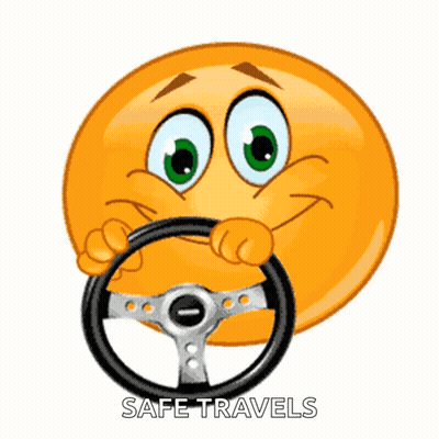 A Smiley Face Holding A Steering Wheel With The Words Safe Travels Written Below It GIF