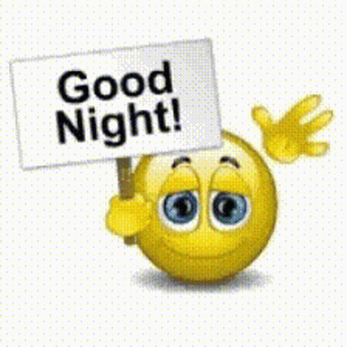 A Smiley Face Holding Up A Sign That Says Good Night GIF
